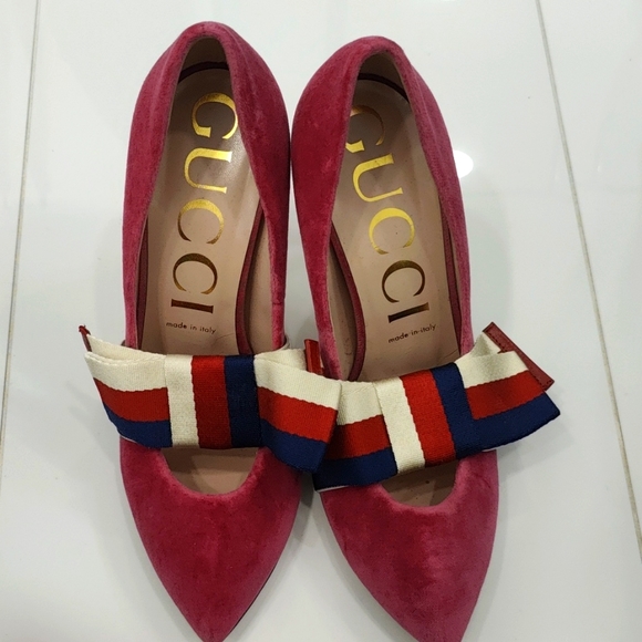 Authentic Gucci Pink Heels Silvie Bow Removable Red White Blue 39.5